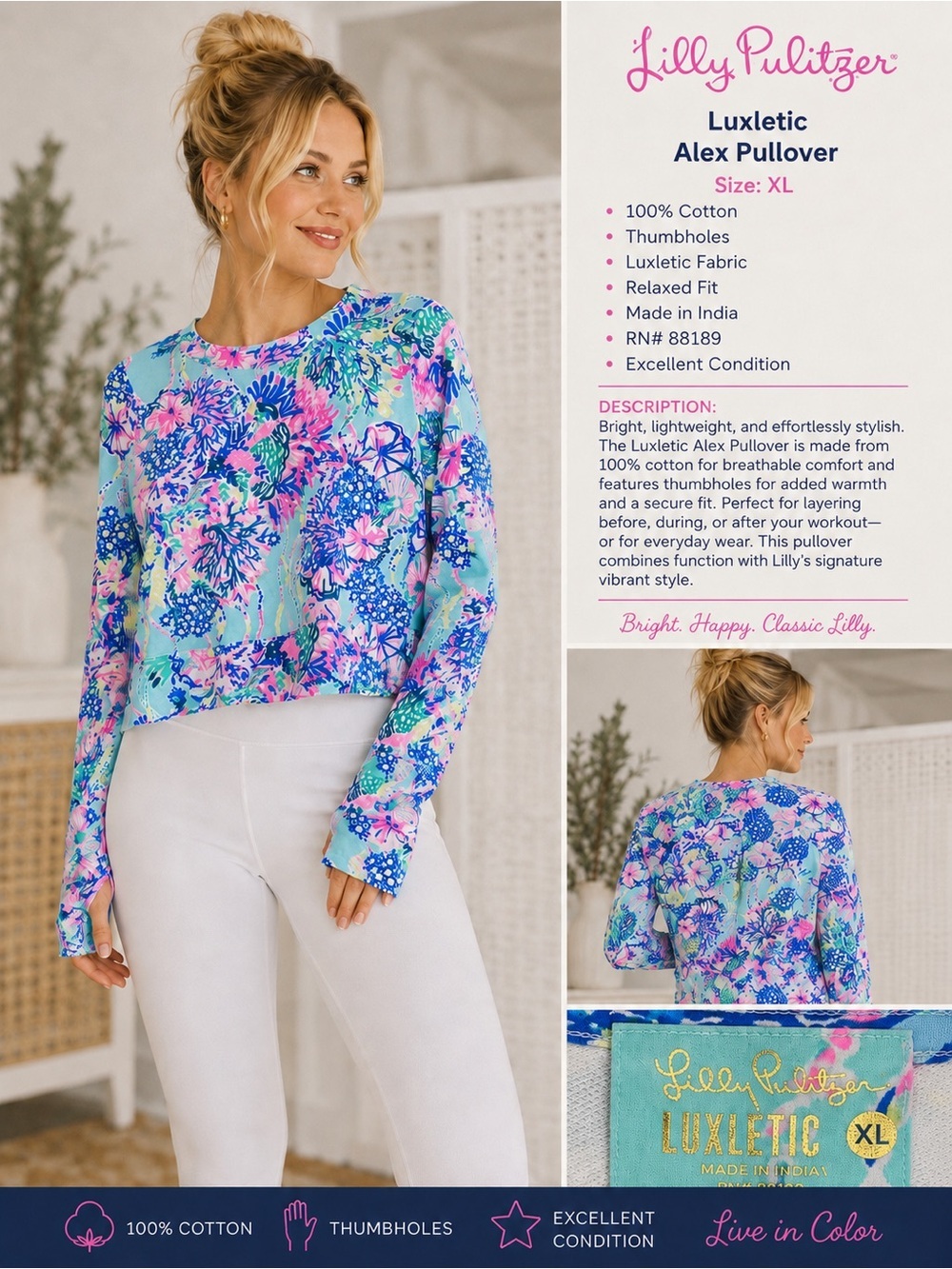 Lilly Pulitzer Luxletic Alex Pullover Floral Cotton Top XL Thumbholes